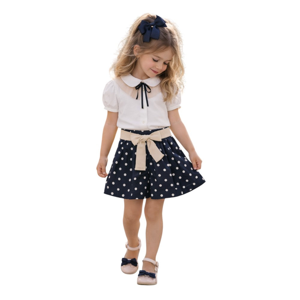 Short Monnalisa Blu a Pois con Fiocco Beige in Vita 11G4135099
