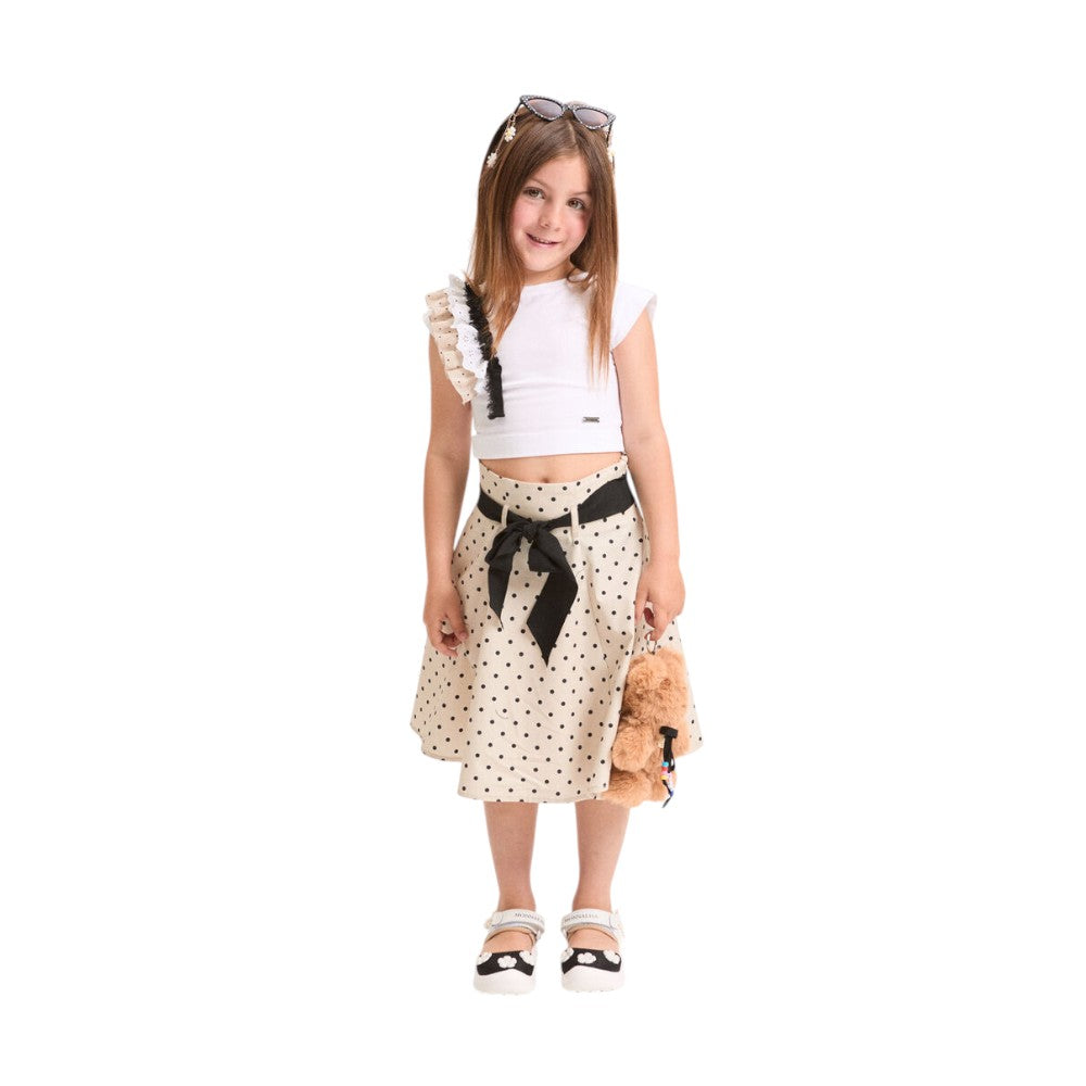 Completo Monnalisa con top e gonna pois bianco-beige 11G504