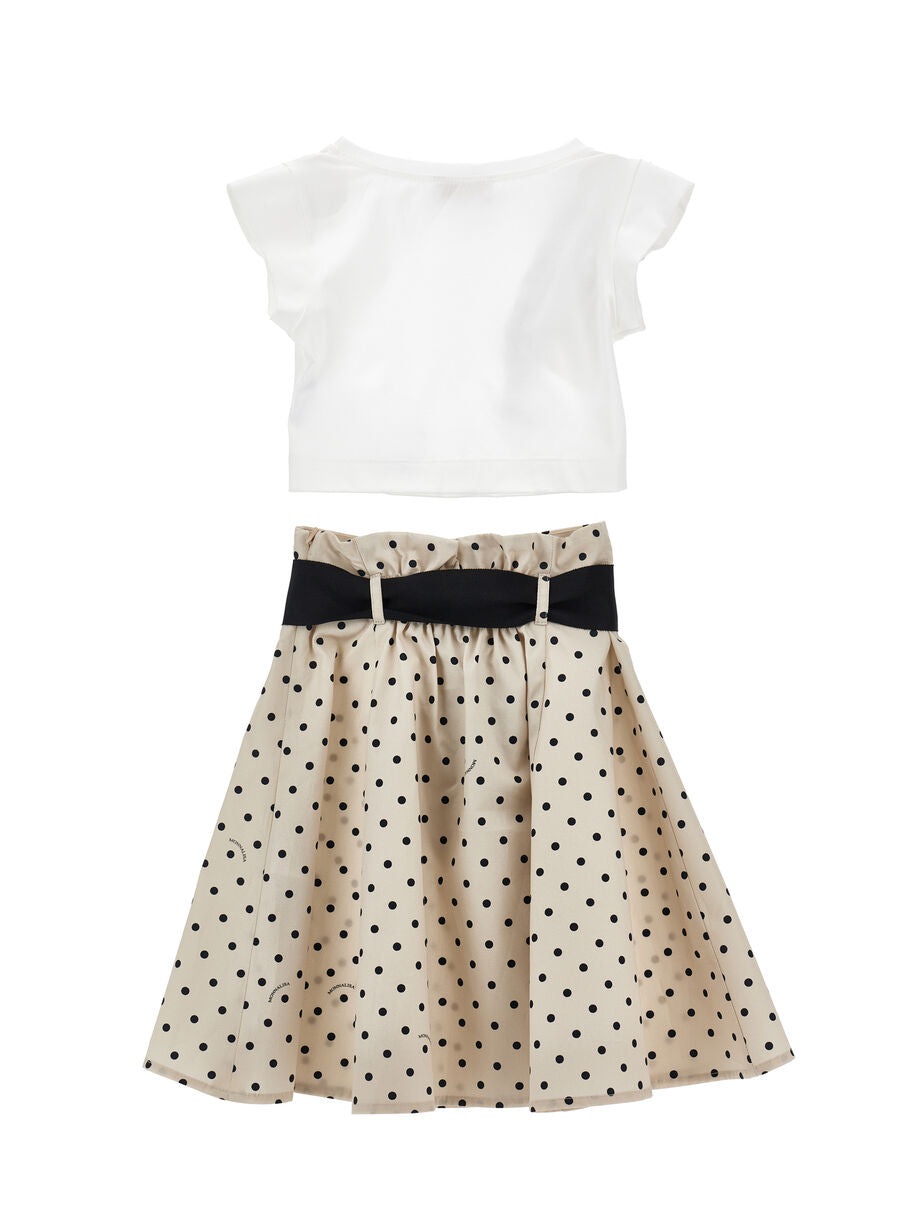 Completo Monnalisa con top e gonna pois bianco-beige 11G504