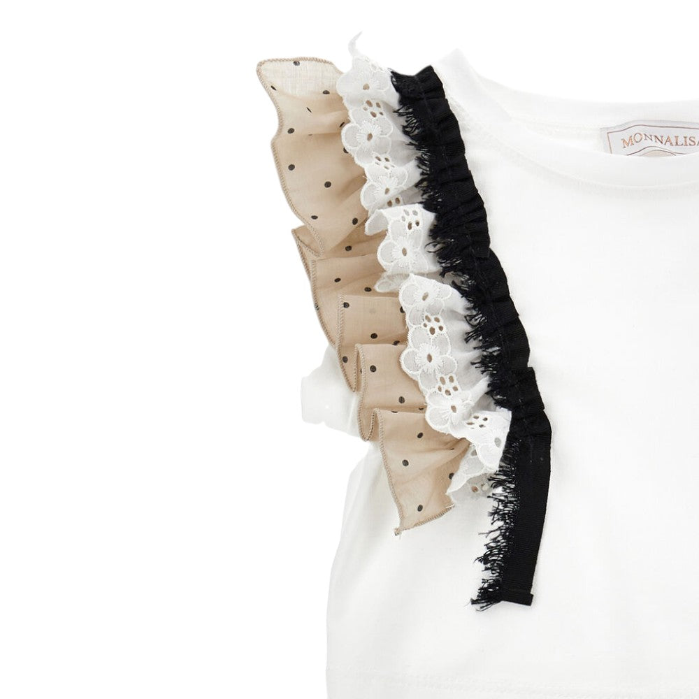 Completo Monnalisa con top e gonna pois bianco-beige 11G504