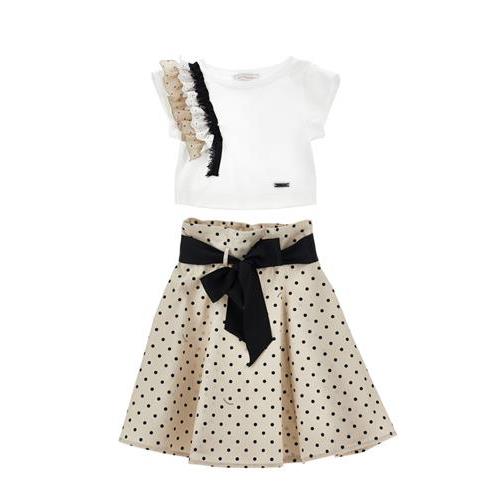Completo Monnalisa con top e gonna pois bianco-beige 11G504