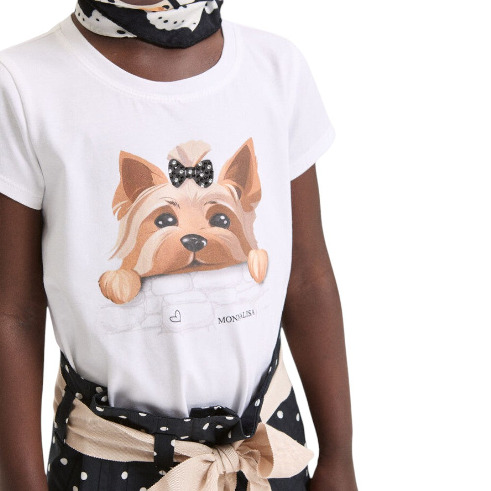 T-shirt Monnalisa Bianca con Applicazione Cagnolino Yorkie 11G6231
