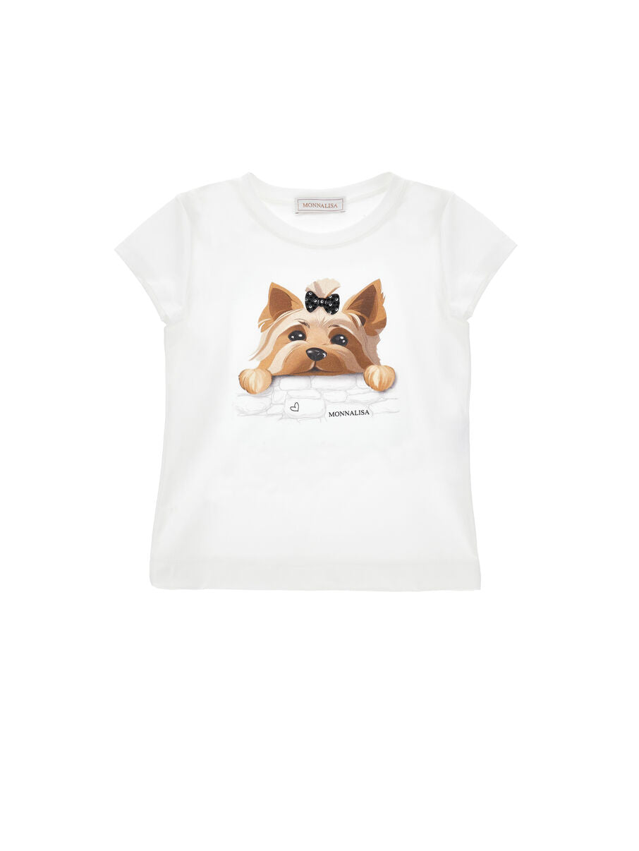 T-shirt Monnalisa Bianca con Applicazione Cagnolino Yorkie 11G6231