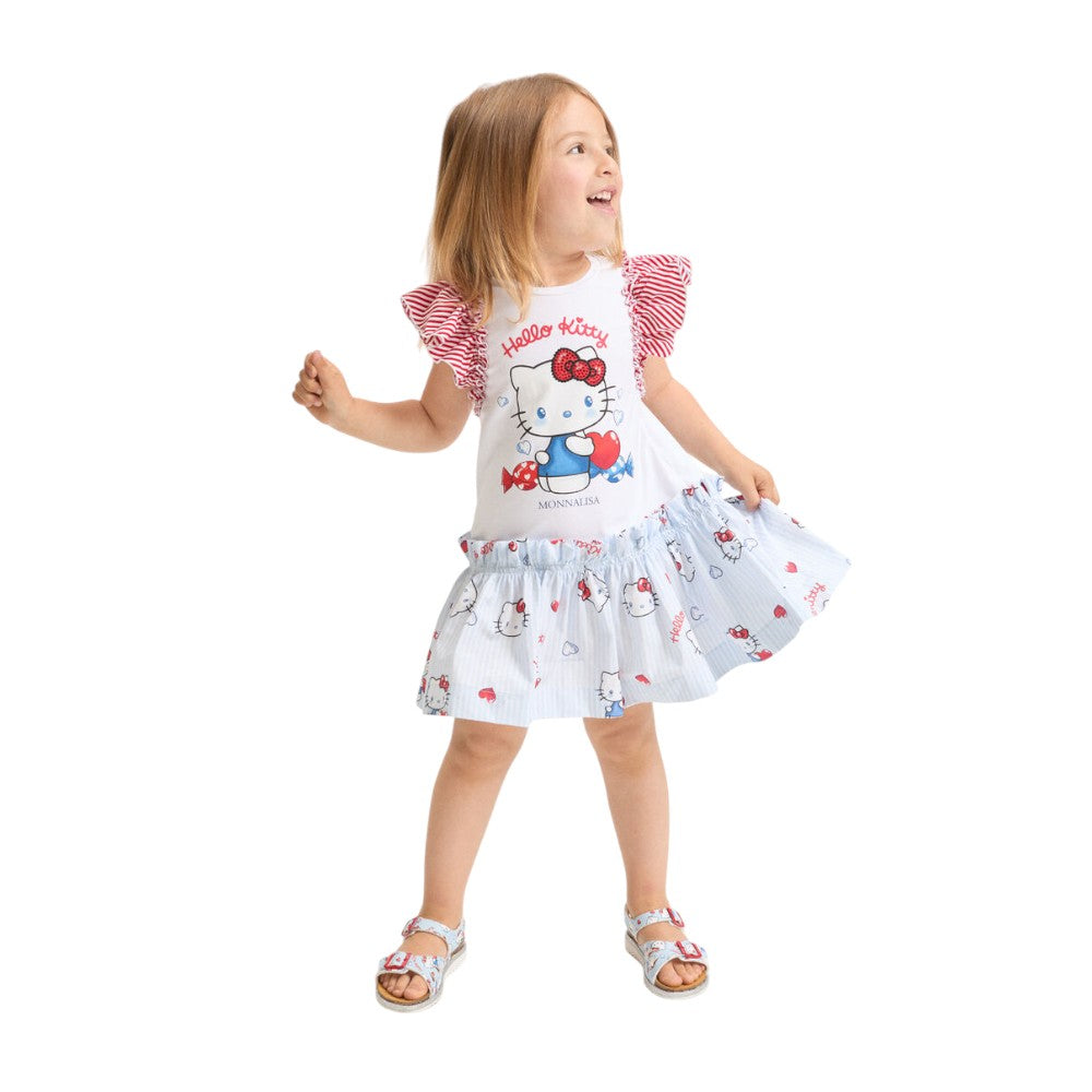 Abito Monnalisa Bianco con Hello Kitty, Volant e Fiocchi Rossi 11G9171
