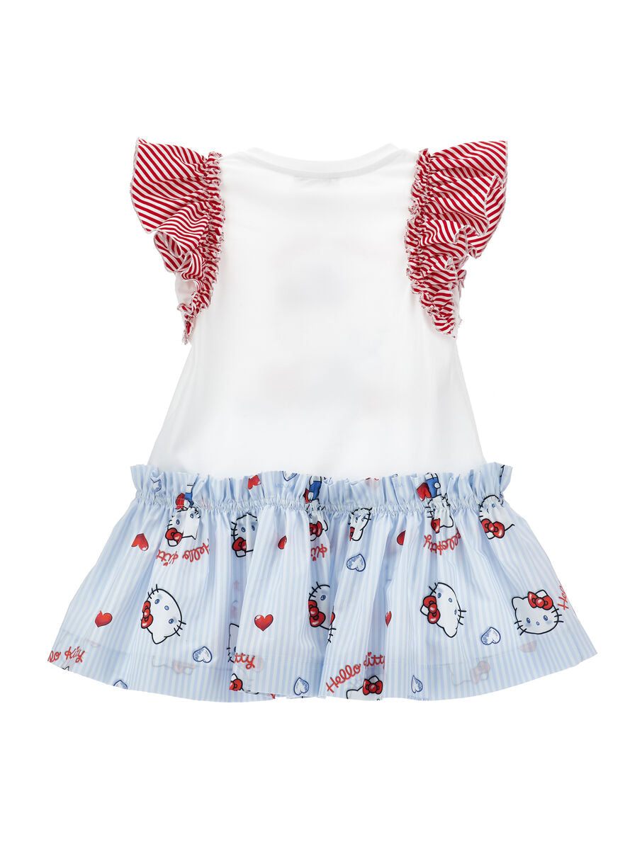 Abito Monnalisa Bianco con Hello Kitty, Volant e Fiocchi Rossi 11G9171