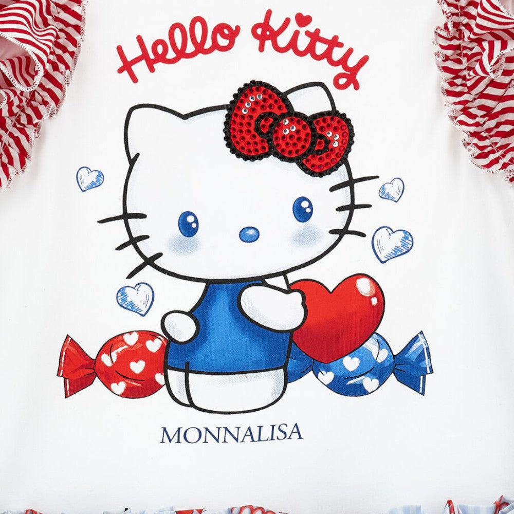 Abito Monnalisa Bianco con Hello Kitty, Volant e Fiocchi Rossi 11G9171