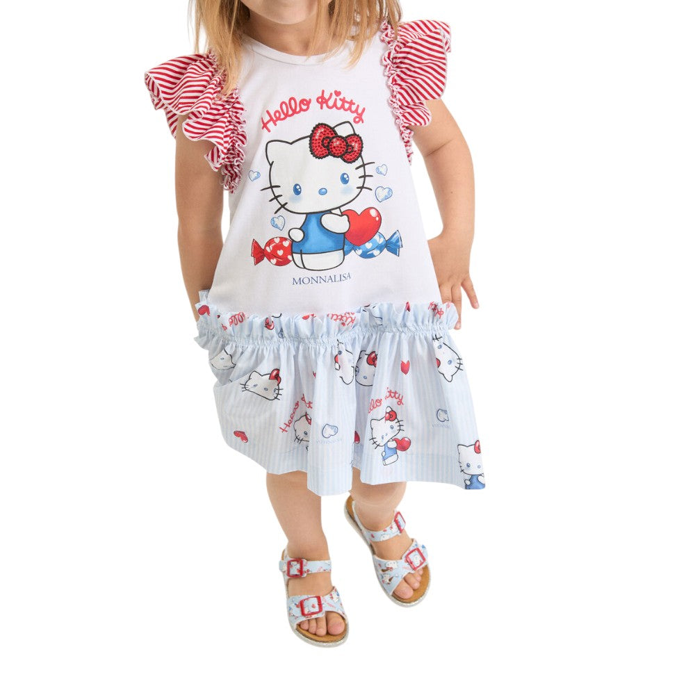 Abito Monnalisa Bianco con Hello Kitty, Volant e Fiocchi Rossi 11G9171