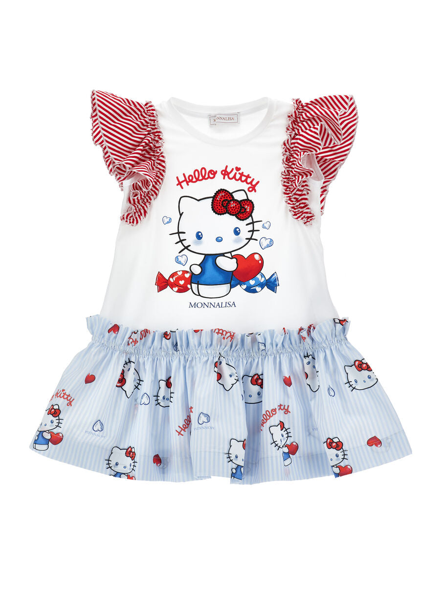 Abito Monnalisa Bianco con Hello Kitty, Volant e Fiocchi Rossi 11G9171