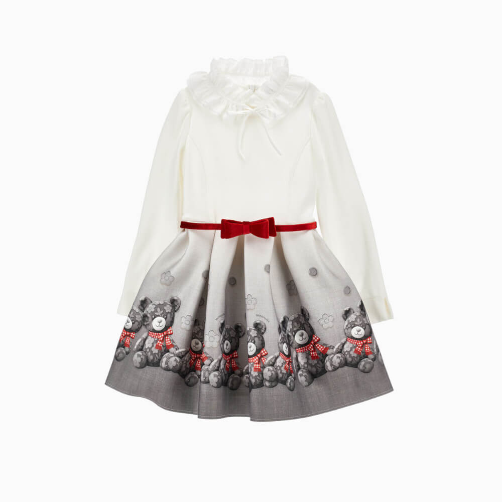 Monnalisa Abito bambina con orsetti, fiocco rosso e colletto staccabile in tulle – 11H9090031