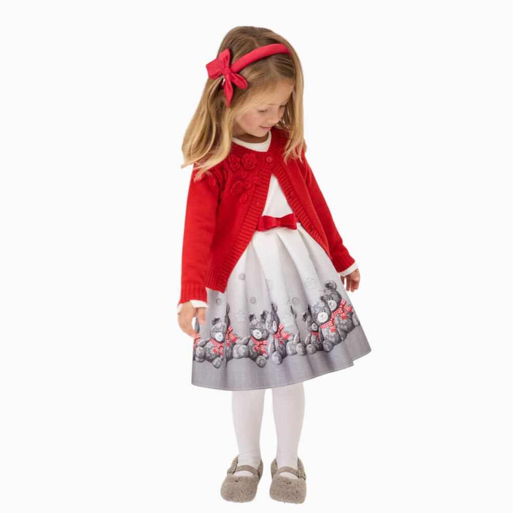 Monnalisa Abito bambina con orsetti, fiocco rosso e colletto staccabile in tulle – 11H9090031