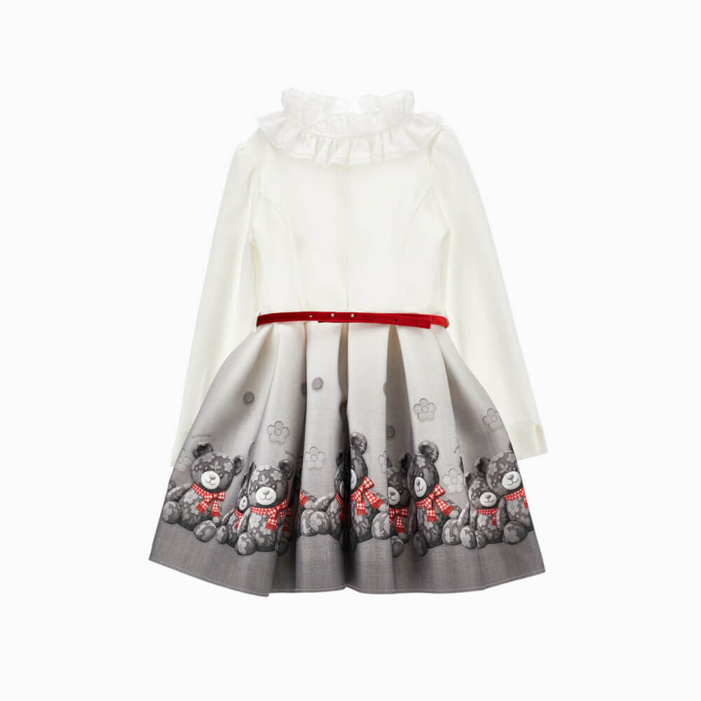 Monnalisa Abito bambina con orsetti, fiocco rosso e colletto staccabile in tulle – 11H9090031