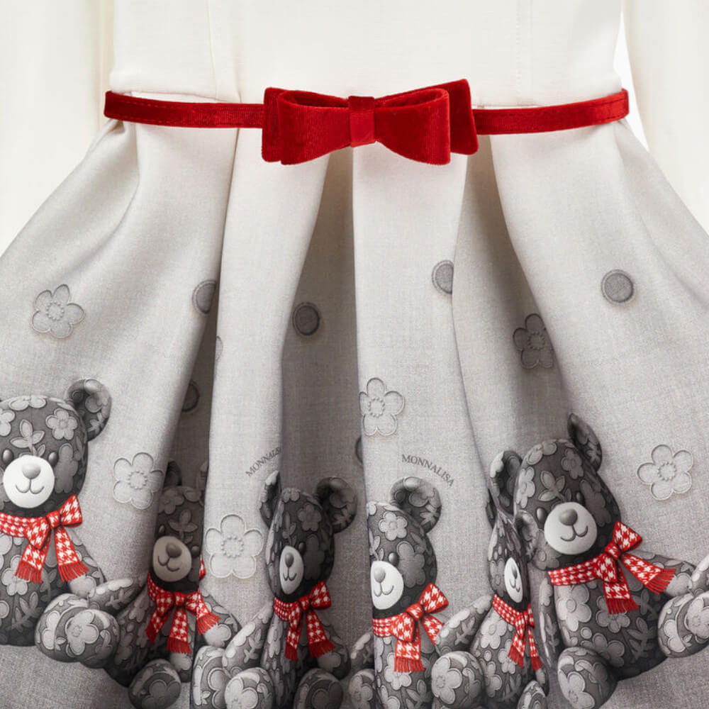 Monnalisa Abito bambina con orsetti, fiocco rosso e colletto staccabile in tulle – 11H9090031