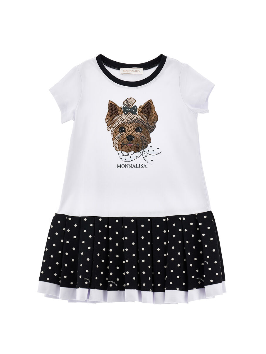 Abito bambina in jersey bianco-blu con stampa Cagnolino e Gonna Pois MONNALISA – 19G9199950