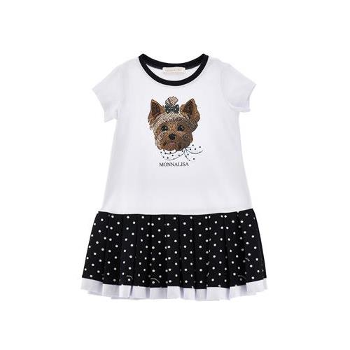 Abito bambina in jersey bianco-blu con stampa Cagnolino e Gonna Pois MONNALISA – 19G9199950