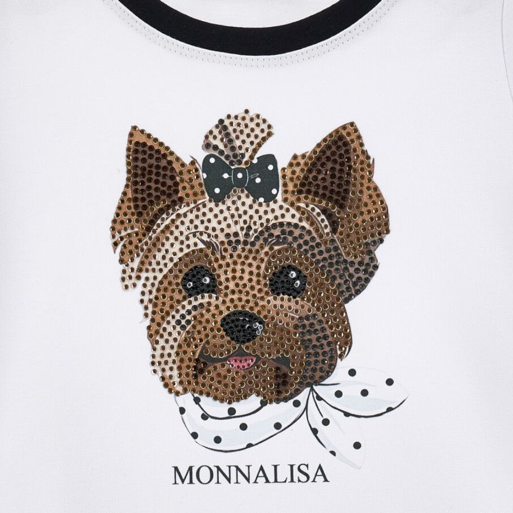 Abito bambina in jersey bianco-blu con stampa Cagnolino e Gonna Pois MONNALISA – 19G9199950