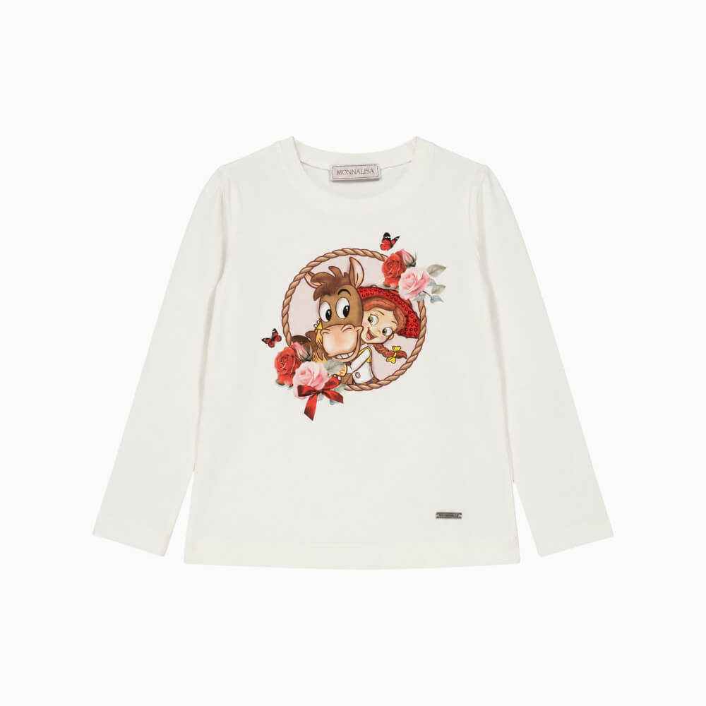 Monnalisa Maglietta bambina bianca con cowgirl, cavallo e fiori – 19H6010001