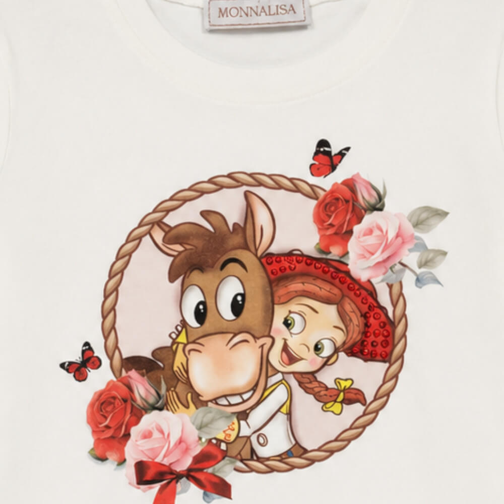 Monnalisa Maglietta bambina bianca con cowgirl, cavallo e fiori – 19H6010001