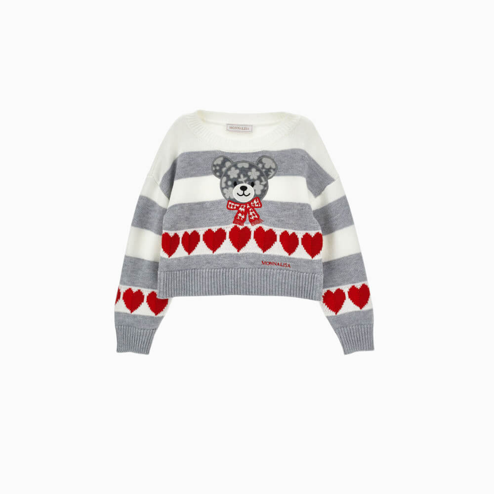 Monnalisa Maglioncino bambina a righe Panna-Grigioccon orsetto e cuori – 19H606 0132