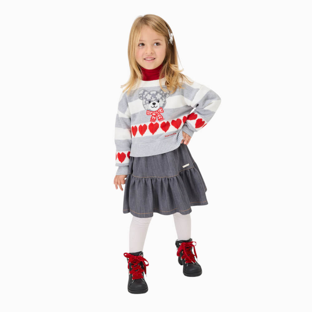 Monnalisa Maglioncino bambina a righe Panna-Grigioccon orsetto e cuori – 19H606 0132