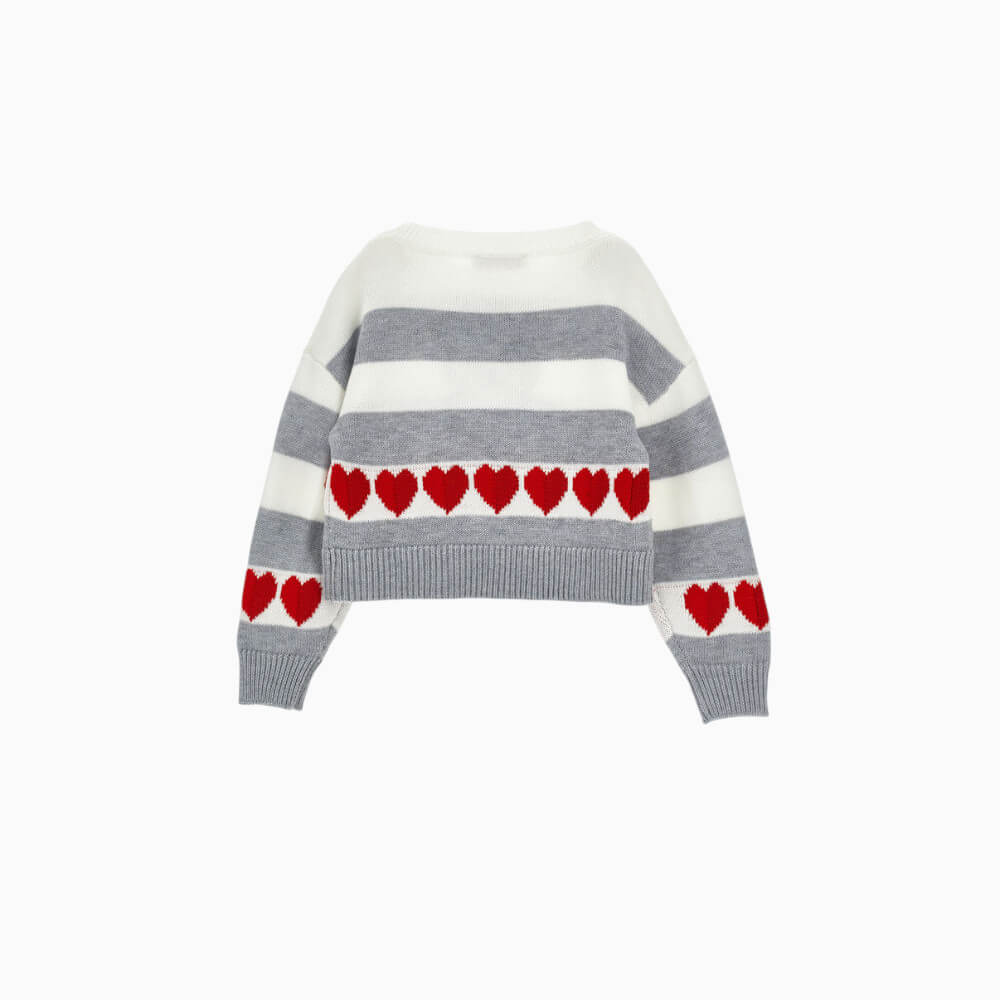 Monnalisa Maglioncino bambina a righe Panna-Grigioccon orsetto e cuori – 19H606 0132