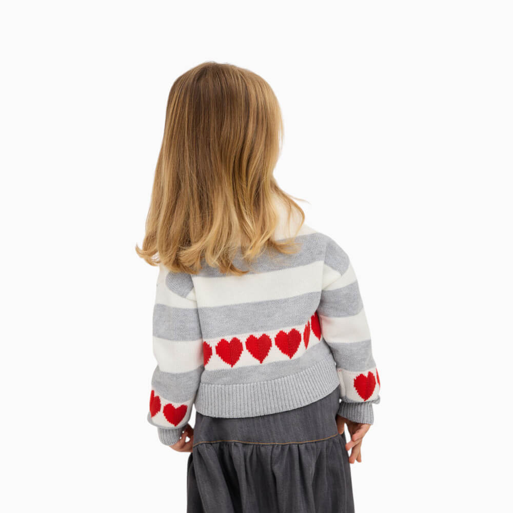 Monnalisa Maglioncino bambina a righe Panna-Grigioccon orsetto e cuori – 19H606 0132