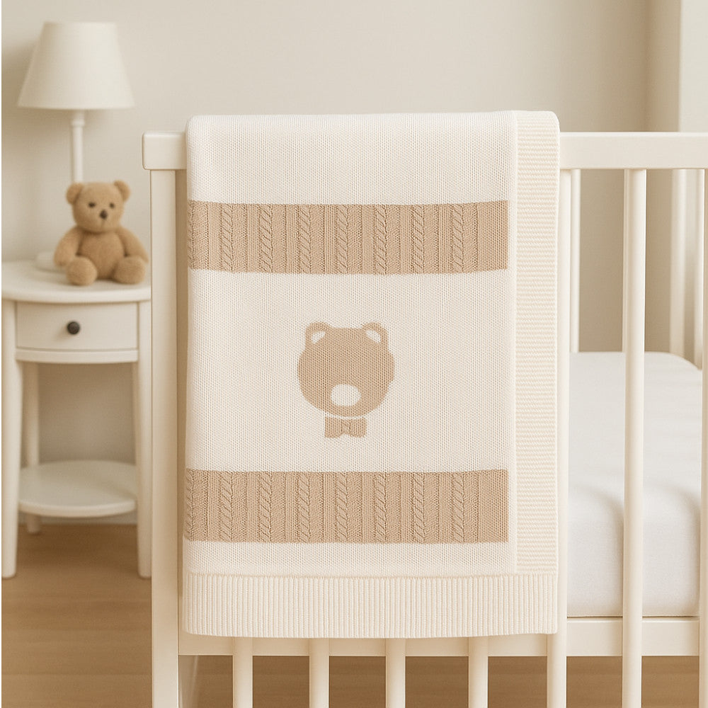Copertina Neonata Bianca-Beige in Filo di Cotone Elegante per Culla/Lettino | I Delfi