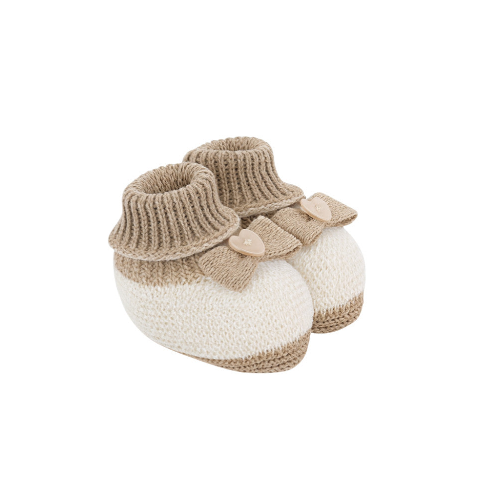 Babbucce Neonata Bianca-Beige in Filo di Cotone con Fiocco | I Delfi