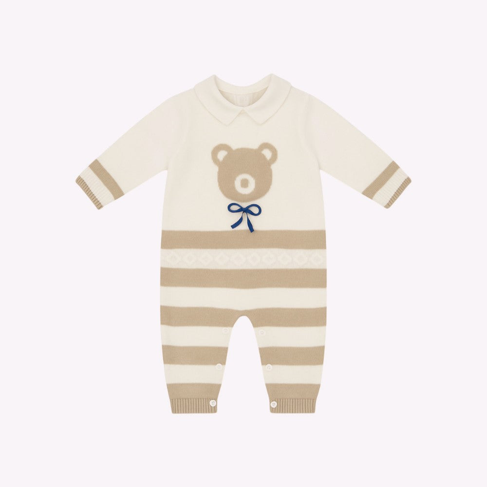 Tutina Neonato in Filo Bianca-Beige di Cotone con Orsetto Ricamato Elegante | I Delfi