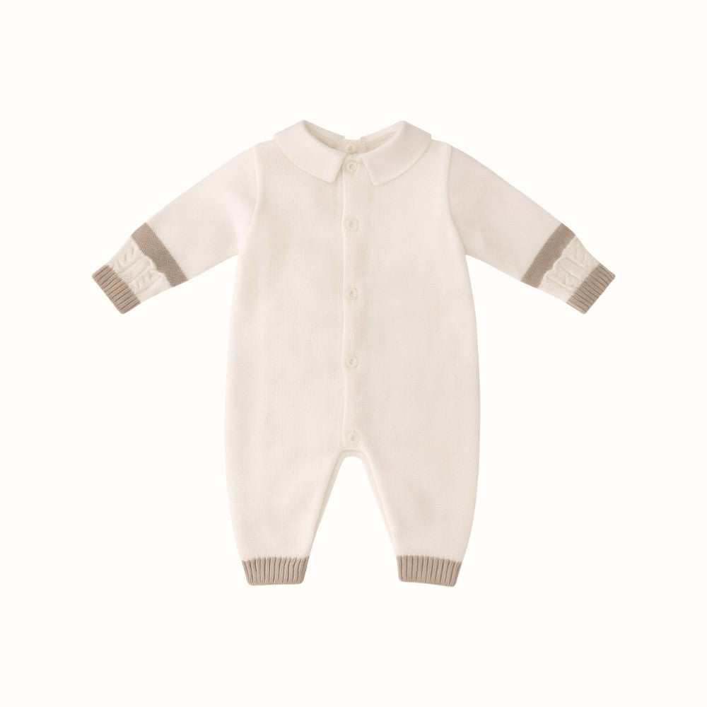 Tutina Neonato in Filo Bianca-Beige di Cotone con Orsetto Ricamato Elegante | I Delfi