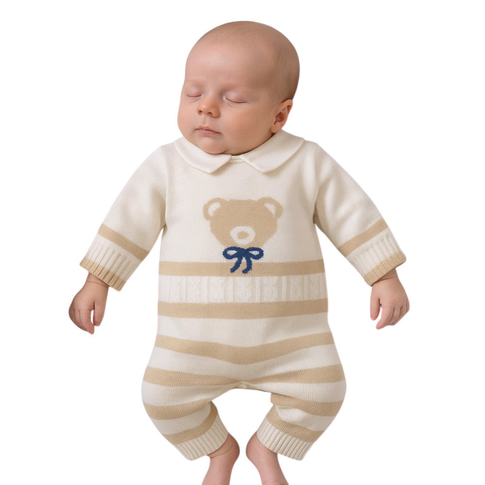 Tutina Neonato in Filo Bianca-Beige di Cotone con Orsetto Ricamato Elegante | I Delfi