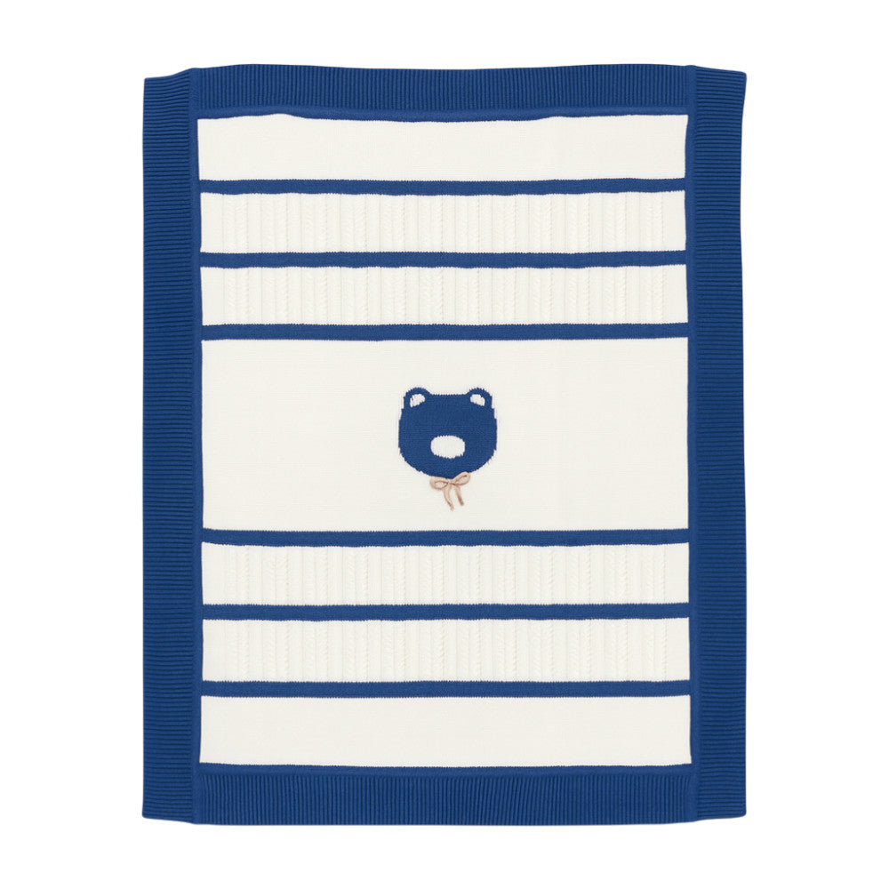 Copertina Neonato in Filo di Cotone Bianco con Orsetto e Righe Blu per Culla/Lettino | I Delfi