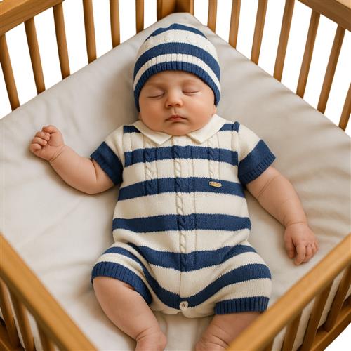 Pagliaccetto Neonato a Righe Bianco-Beige in Filo di Cotone 25P5398 | I Delfi