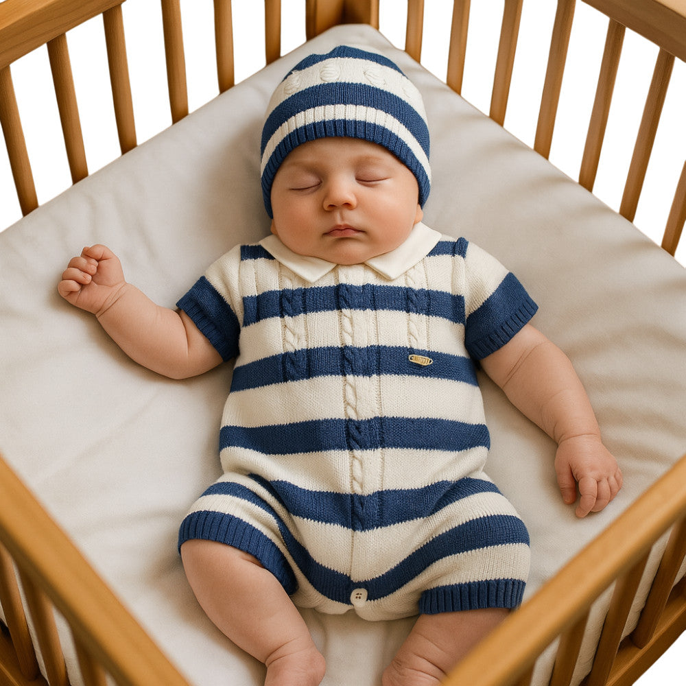 Pagliaccetto Neonato a Righe Bianco-Beige in Filo di Cotone 25P5398 | I Delfi