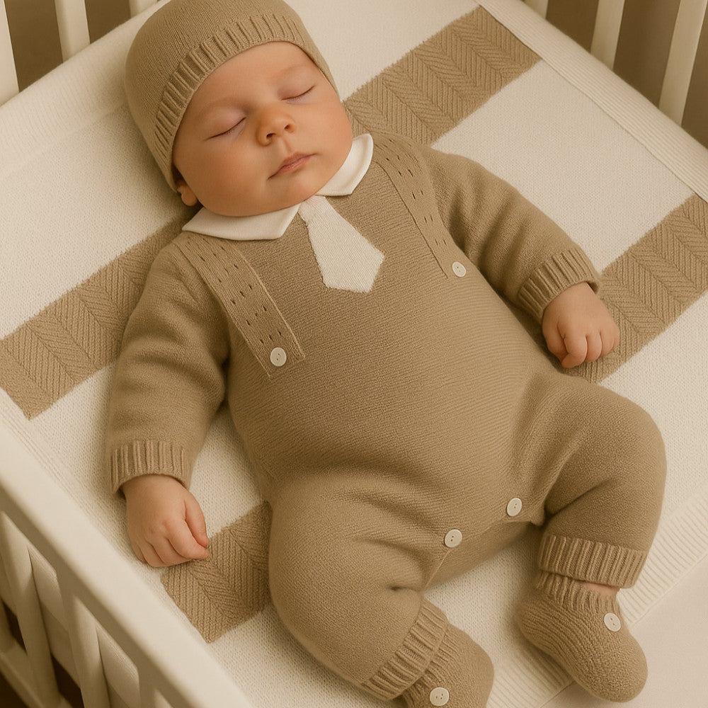 Tutina Neonato Elegante con Colletto e Cravattina in Filo di Cotone Beige | I Delfi