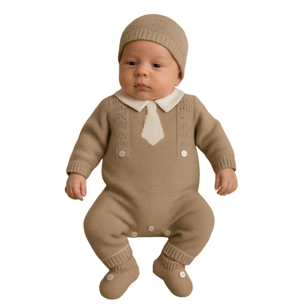Tutina Neonato Elegante con Colletto e Cravattina in Filo di Cotone Beige | I Delfi