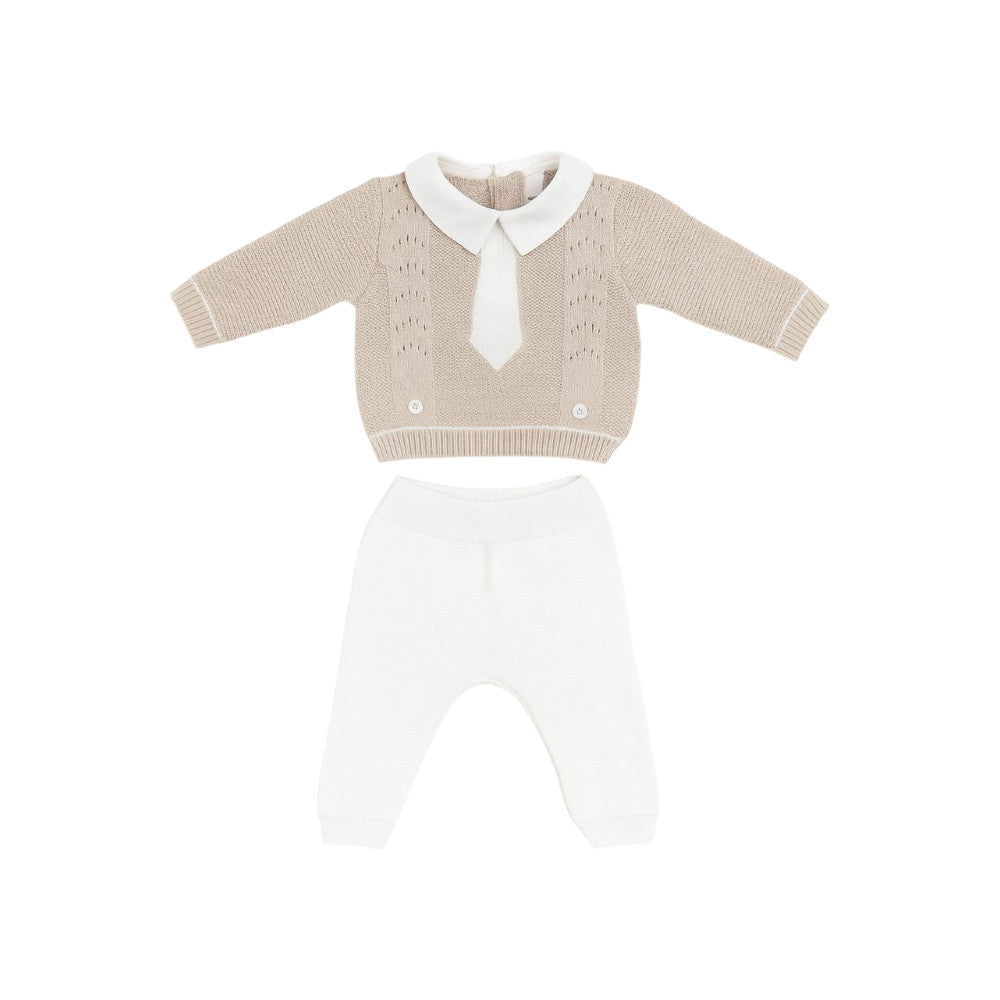 Completo Neonato Beige e Bianco in Filo di Cotone 2 Pezzi | I Delfi