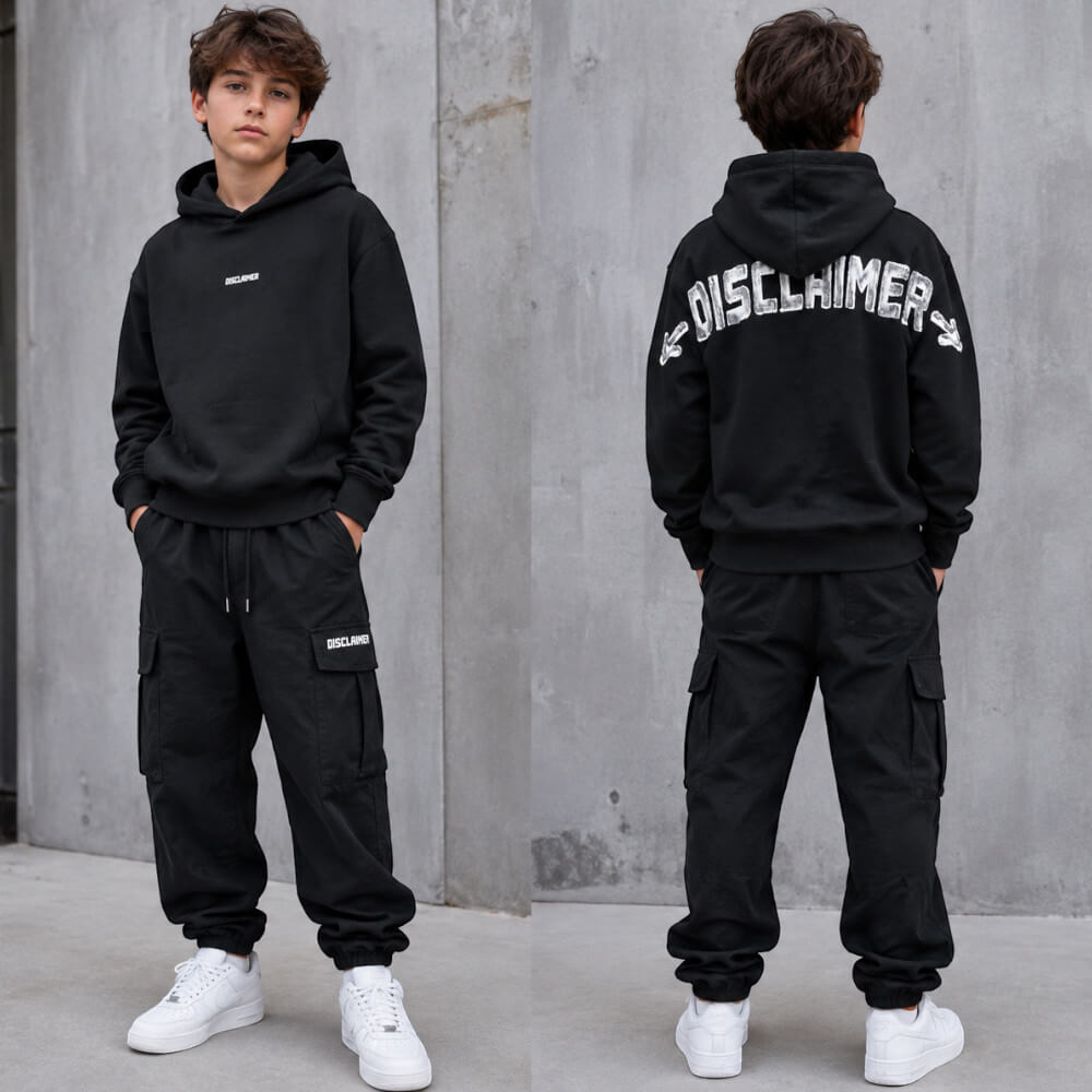 Felpa Disclaimer Nera Junior con Cappuccio e Maxi Logo Panna posteriore 26IDK59101