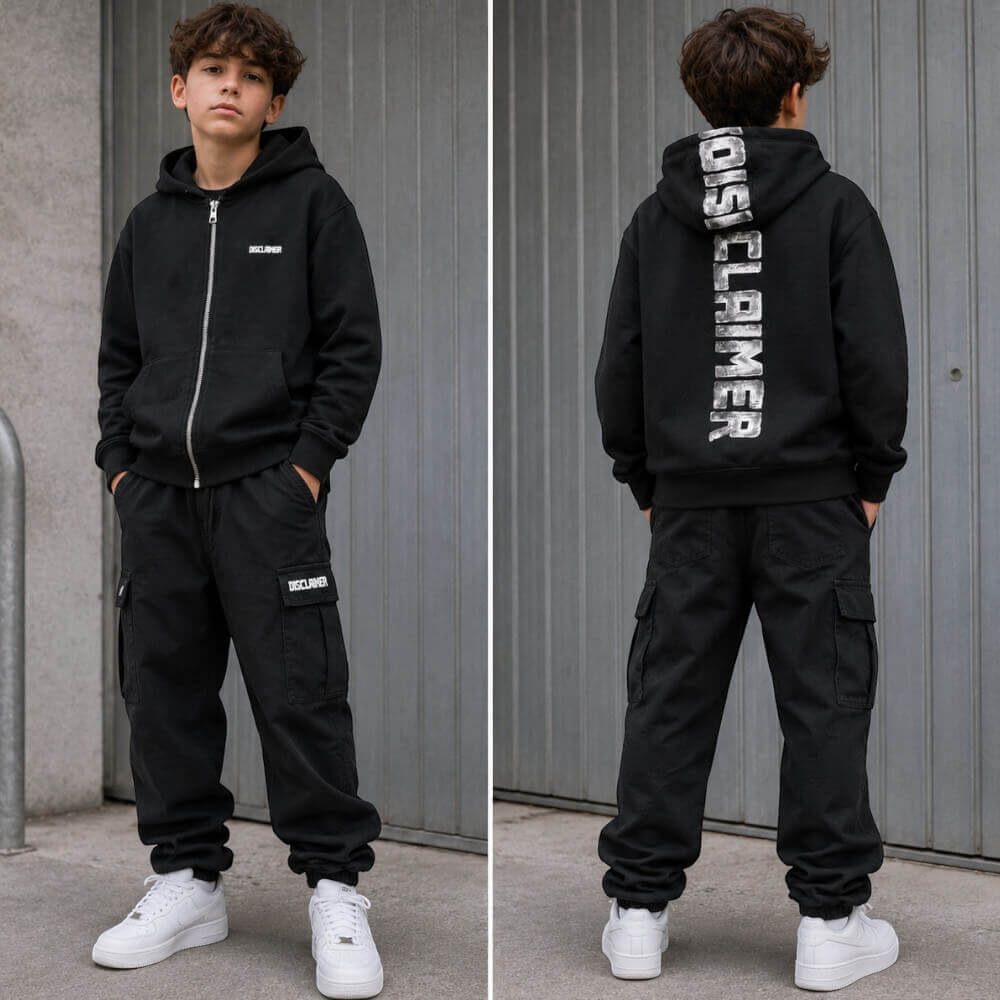 Felpa zip e cappuccio Disclaimer Junior Nera con Logo Posteriore 26IDK59104
