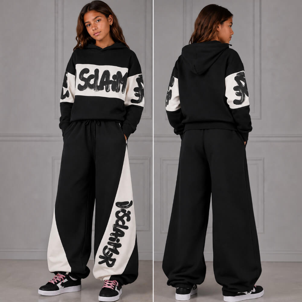 Pantalone in felpa Disclaimer Junior Nero & Panna con Maxi Logo 26IDK59122