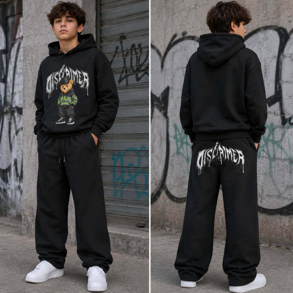 Felpa Disclaimer Ragazzo Nera con Cappuccio e Orsetto 26IDK59128