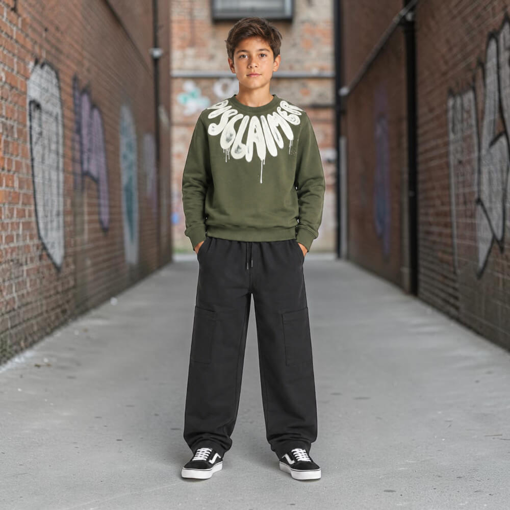 Felpa Disclaimer Ragazzo Verde Militare Girocollo con Logo Graffiti 26IDK59181