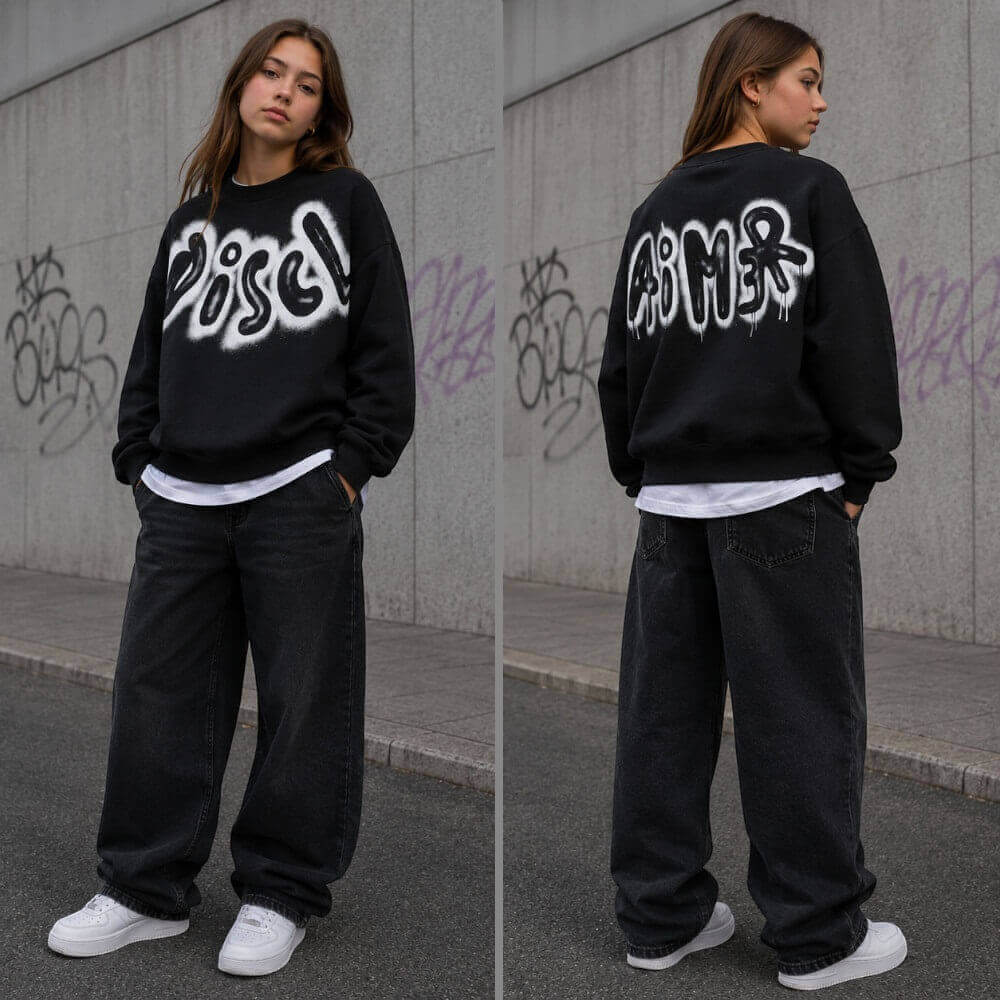 Felpa Disclaimer Ragazza Nera con Maxi Logo Graffiti Fronte e Retro 26IDK59215