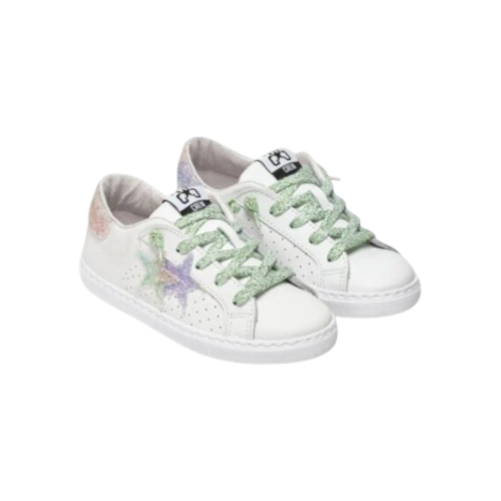 2Star Sneaker Bambina Bianca 2SB2836 con Stella Glitter Verde Acqua