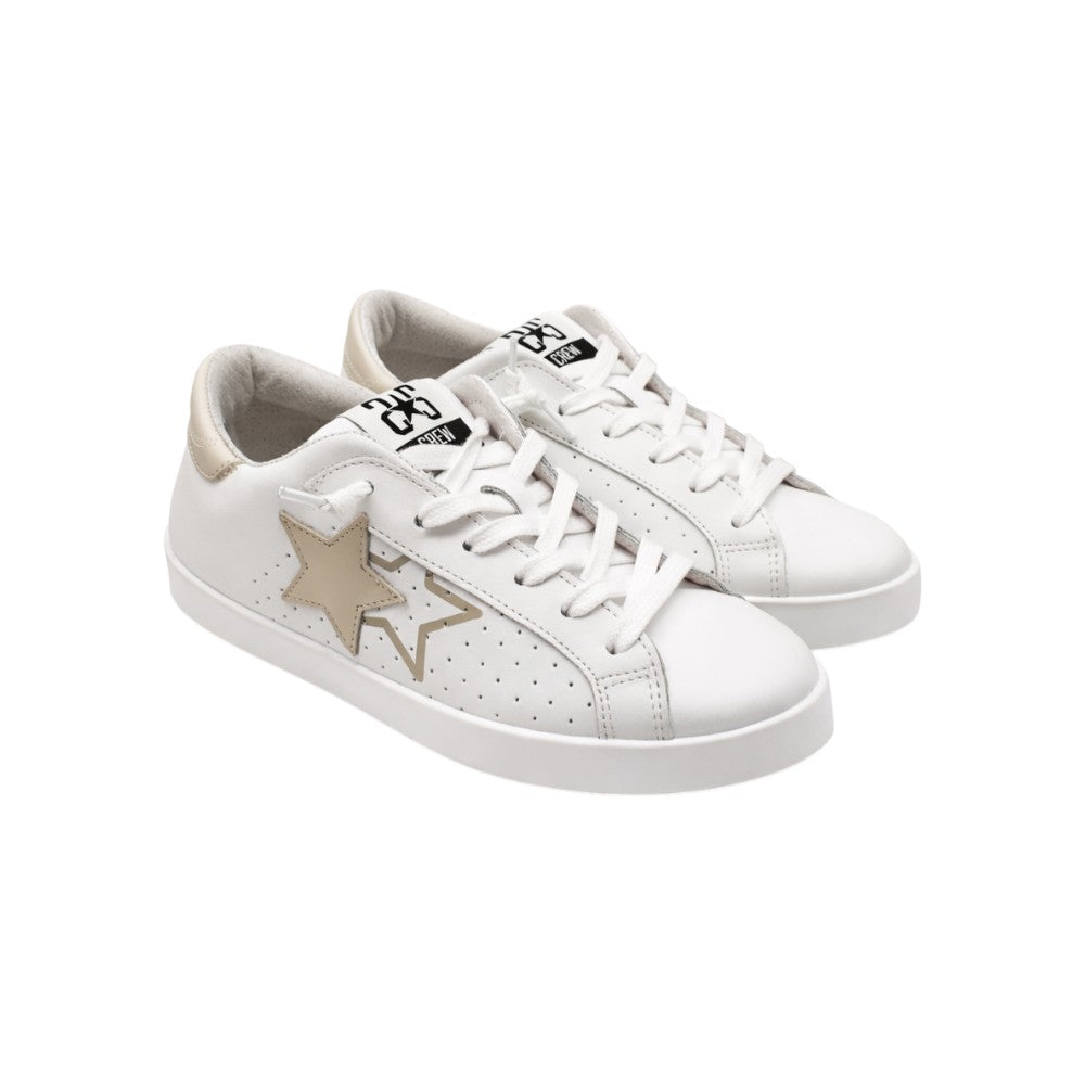 2Star Sneaker in Pelle Bianca 2SB3221_C con Doppia Stella e dettaglio Beige