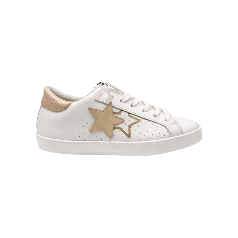 2Star Sneaker in Pelle Bianca 2SB3221_C con Doppia Stella e dettaglio Beige