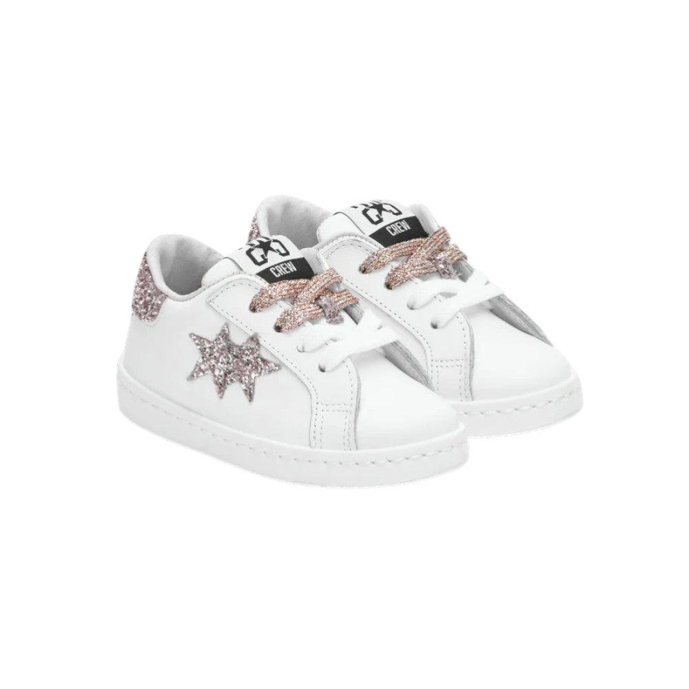 2Star Sneaker Bambina Bianca con Stella Glitter Rosa Cipria e Lacci Lurex