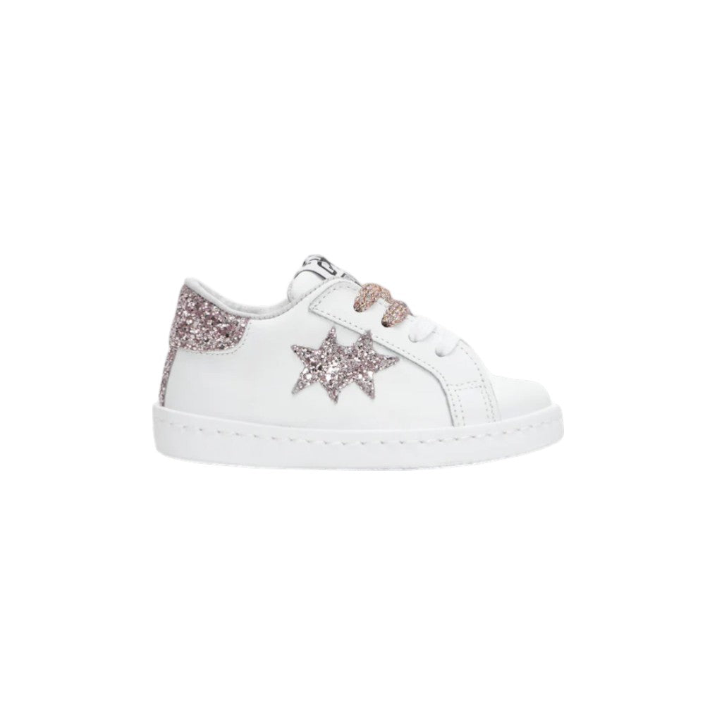 2Star Sneaker Bambina Bianca con Stella Glitter Rosa Cipria e Lacci Lurex
