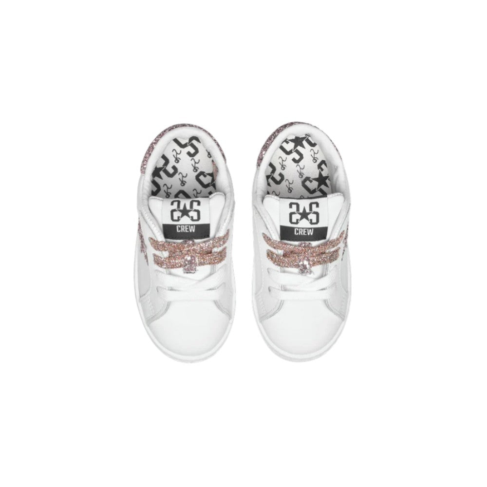 2Star Sneaker Bambina Bianca con Stella Glitter Rosa Cipria e Lacci Lurex