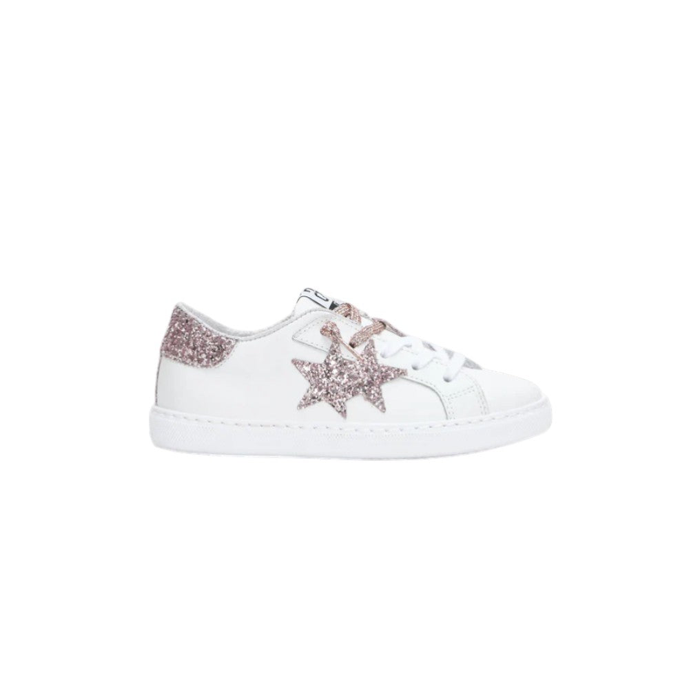 2Star Sneaker in Pelle Bianca con Stella Glitter Rosa Cipria e Lacci Lurex