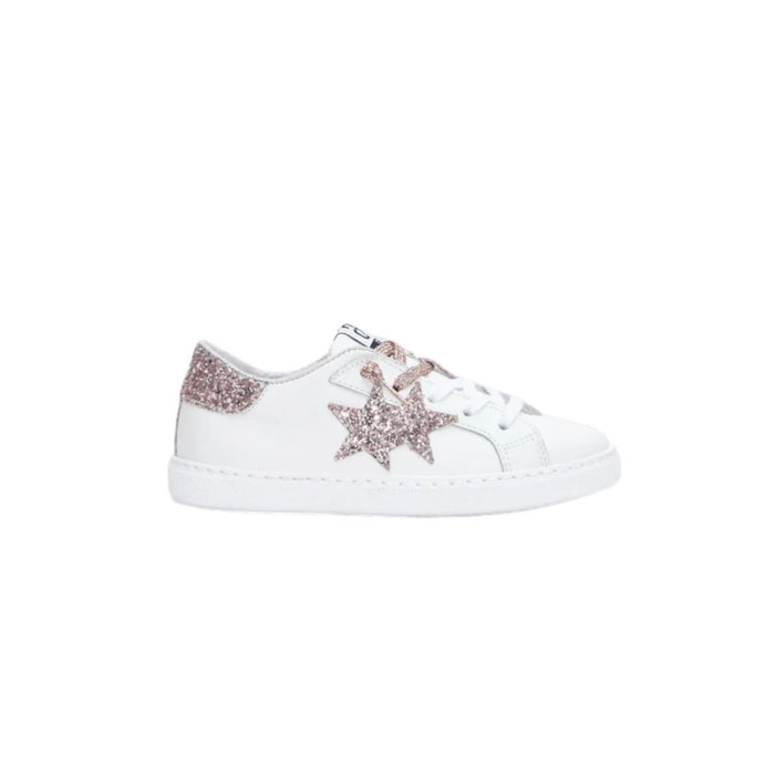 2Star Sneaker in Pelle Bianca con Stella Glitter Rosa Cipria e Lacci Lurex